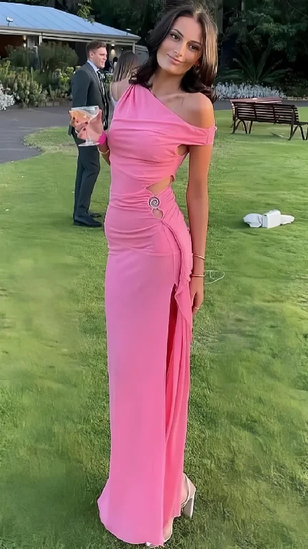 Unique Pink Off The Shoulder Chiffon Bodycon Long Party Dress,Slit Prom Evening Dress Y8024