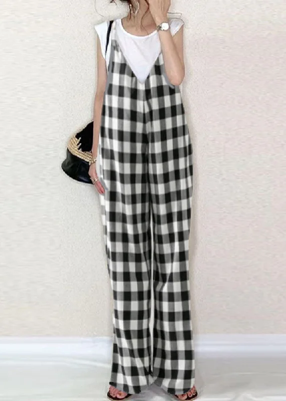 Classy Black White Plaid Oversized Cotton Overalls Jumpsuit Summer