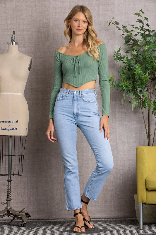 OLIVE SPRUCE  RIBBED LONG SLEEVES V-CUT HEMLINE CROP TOP L7328