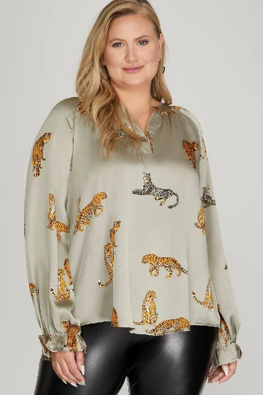 GREY SATIN JAGUAR PRINT LONG SLEEVES PLUS SIZE WOVEN TOP S10PSY5748