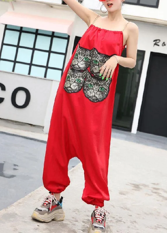 New red tide straps trousers embroidery cat head loose jumpsuit female summer strap pants