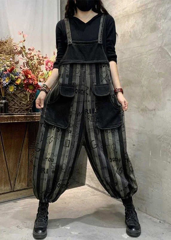 Casual Black Graphic Print Striped Button Denim Jumpsuits Spring