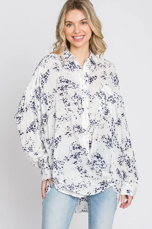 NAVY COLLARED BUTTON DOWN DROP SHOULDER LONG SLEEVES TUNIC TOP SO3378T