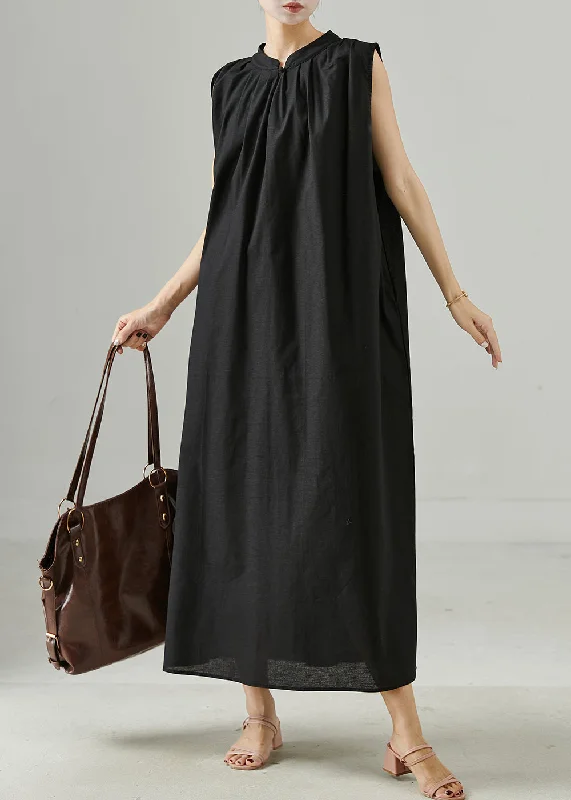 Black Linen Maxi Dress Stand Collar Oversized Sleeveless