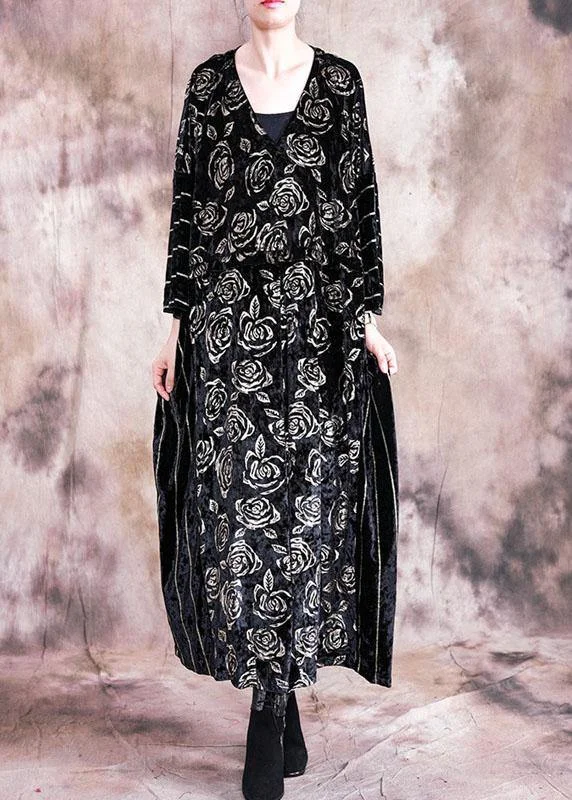 Simple o neck patchwork Tunics Inspiration black Large print Maxi Dresses fall