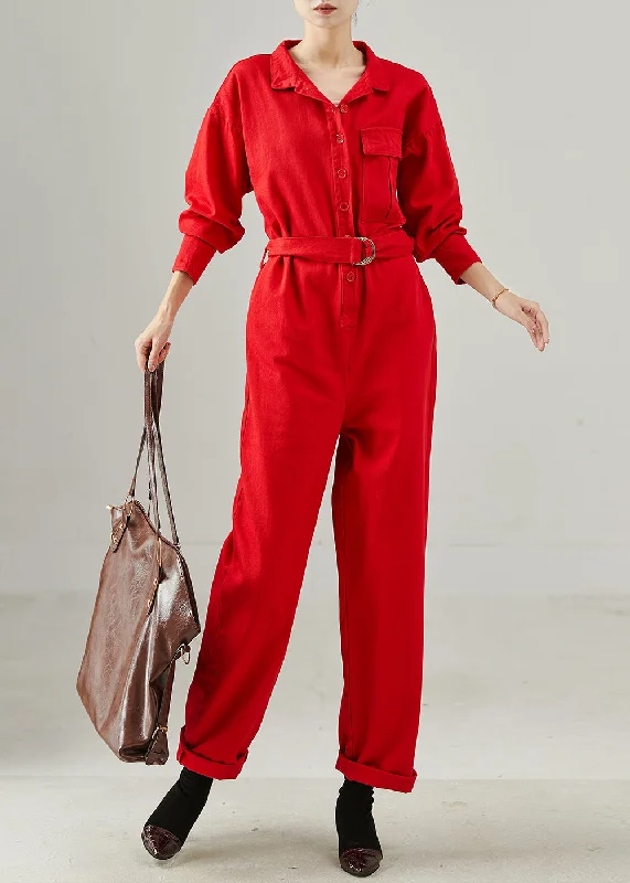 French Red Tie Waist Cotton Overalls Jumpsuits Fall