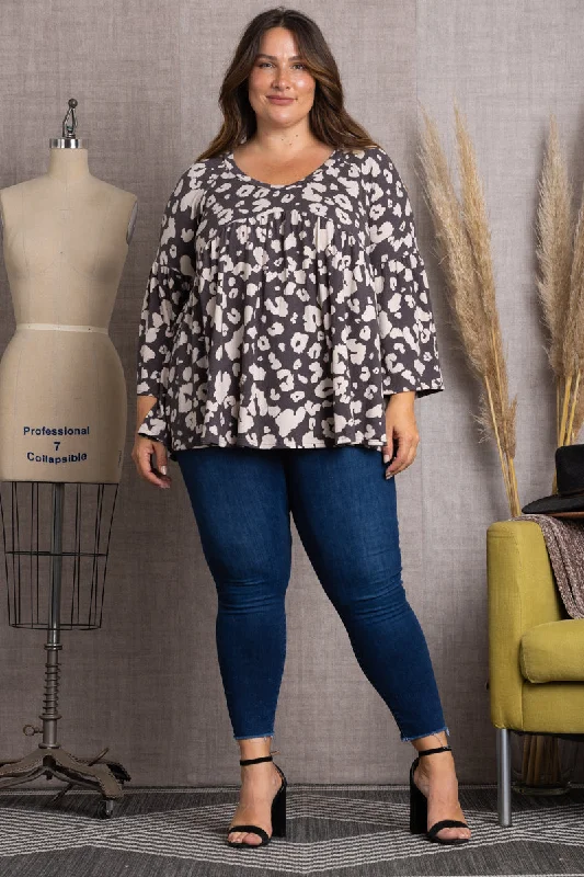 BROWN ANIMAL PRINT BELL LONG SLEEVE PLUS SIZE TOP-4T2358-1