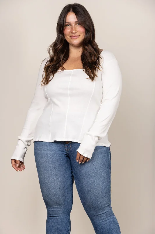 WHITE SQUARE NECK RIBBED KNIT LONG SLEEVES PLUS SIZE TOP PTJ11298