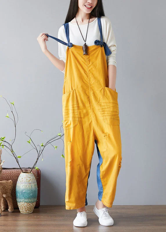 Fashion Yellow pockets Patchwork denim Jumpsuit Spring