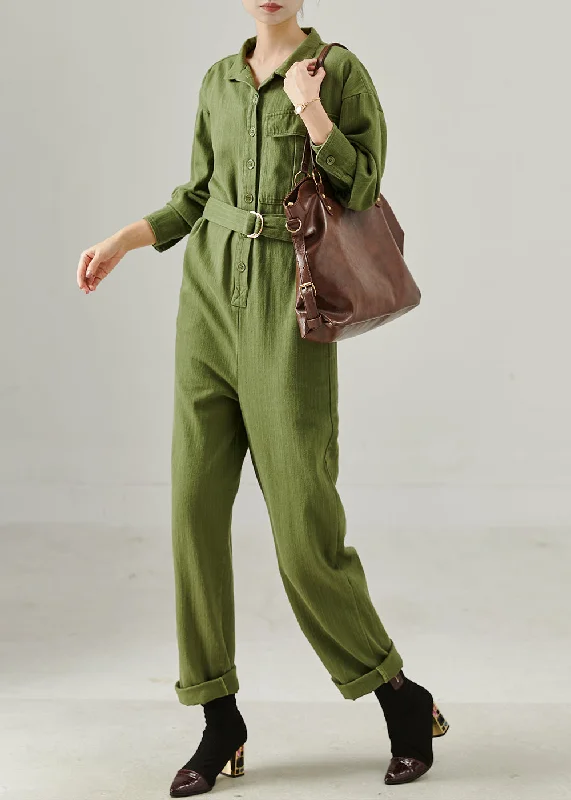 Army Green Cotton Overalls Jumpsuits Tie Waist Fall