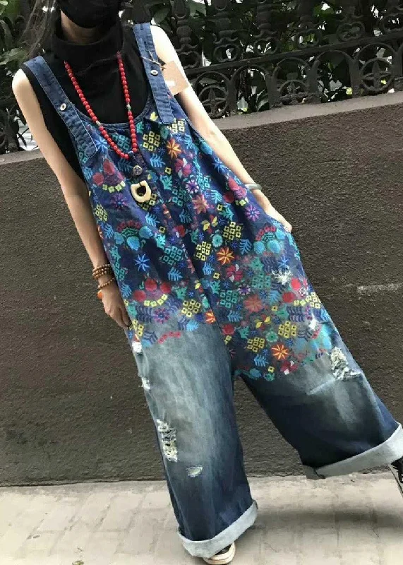 Boutique Print Blue Jeans Overall Jumpsuit