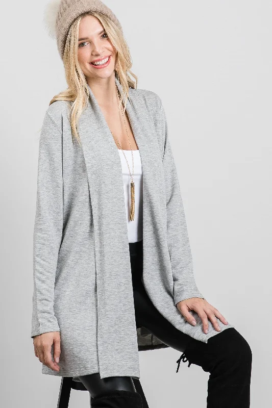 GREY FRENCH TERRY OPEN NECK LONG SLEEVES KNIT LONG CARDIGAN SO3420T