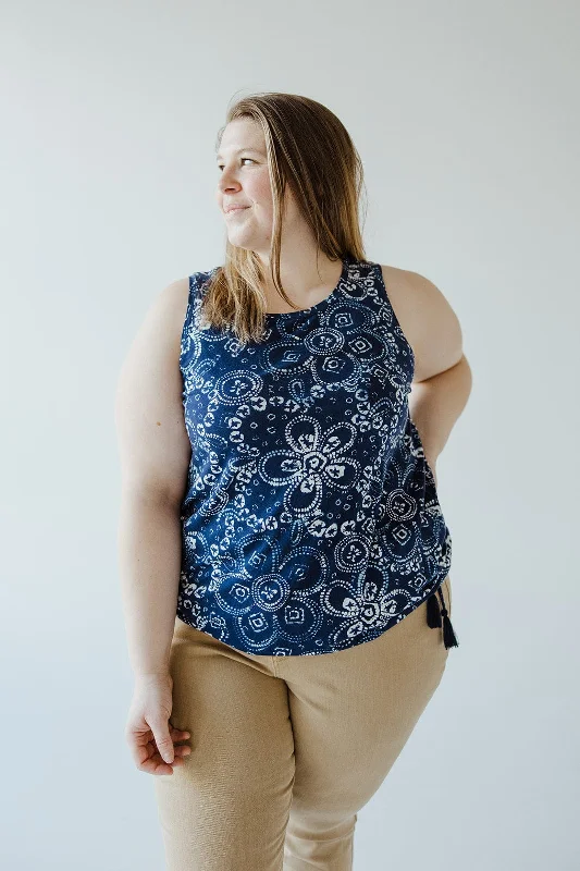 PRINTED BANDED HEM TANK WITH TIE IN INDIGO