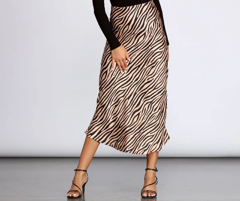 Zebra Flared Midi Satin Skirt