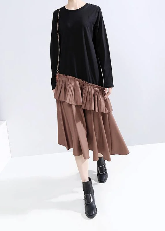 Elegant ruffles cotton patchwork Tunics Shape khaki Maxi Dresses