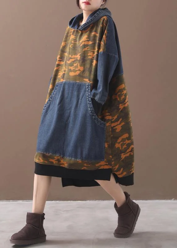 DIY orange Camouflage cotton clothes For Women hooded Maxi patchwork Dresses