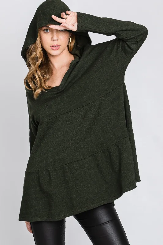 OLIVE FRECH TERRY LONG SLEEVES TIERED TUNIC HOODIE TOP SO3321T