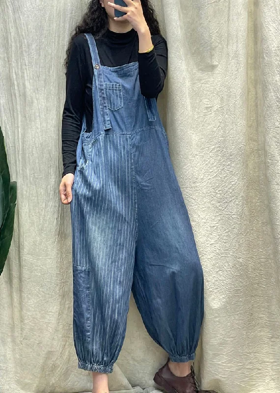 Vogue Denim Blue Striped Patchwork Button Beam Jumpsuit Spring