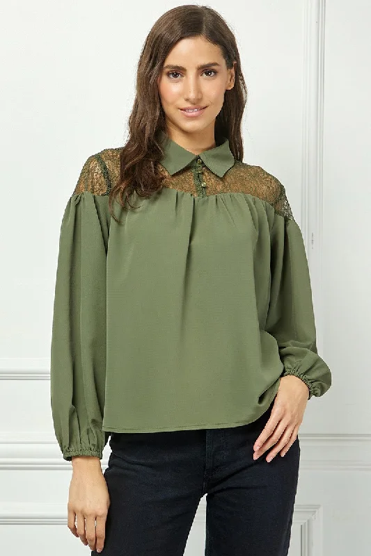 OLIVE LONG SLEEVES LACE YOKE DETAILED TOP AVT10586W