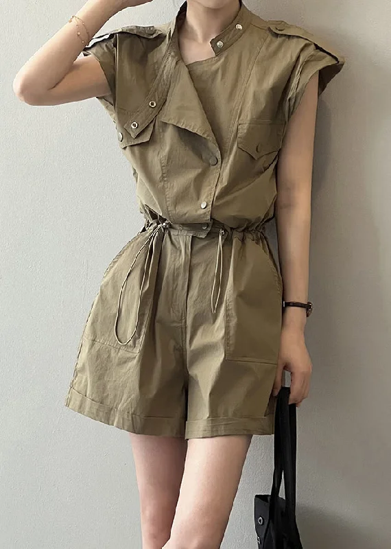 Loose Green Pockets Drawstring Linen Jumpsuit Summer