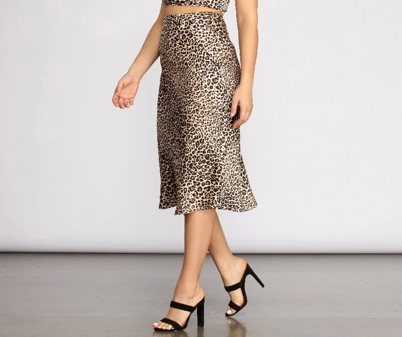 Feline Myself Satin Leopard Flare Midi Skirt