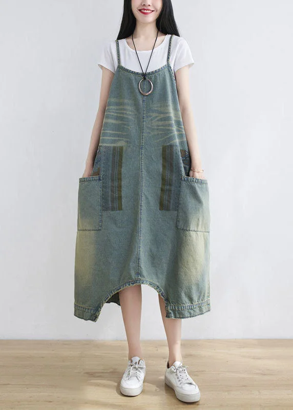 Loose light Blue pockets Print denim Jumpsuit Spring