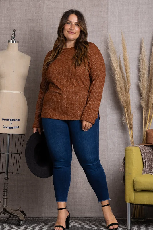 BROWN RIBBED KNIT LONG SLEEVES PLUS SIZE TOP-T7500