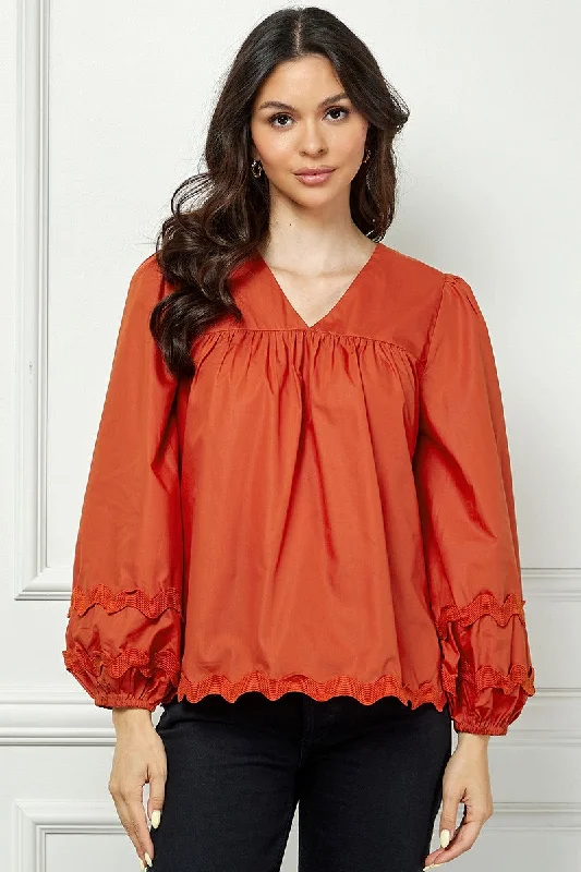 RUST V-NECK RIC-RAC DETAILED LONG SLEEVES TOP AVT10599W