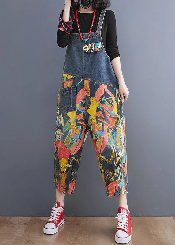 French Navy Pocket Print Denim Jumpsuit Spring