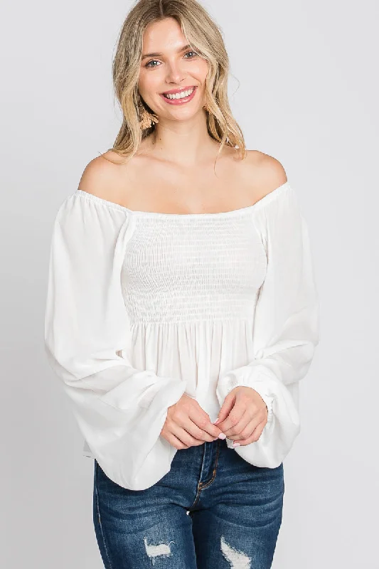 WHITE SQUARE NECK SMOCKED LONG SLEEVES WOVEN TOP SOIN2036T