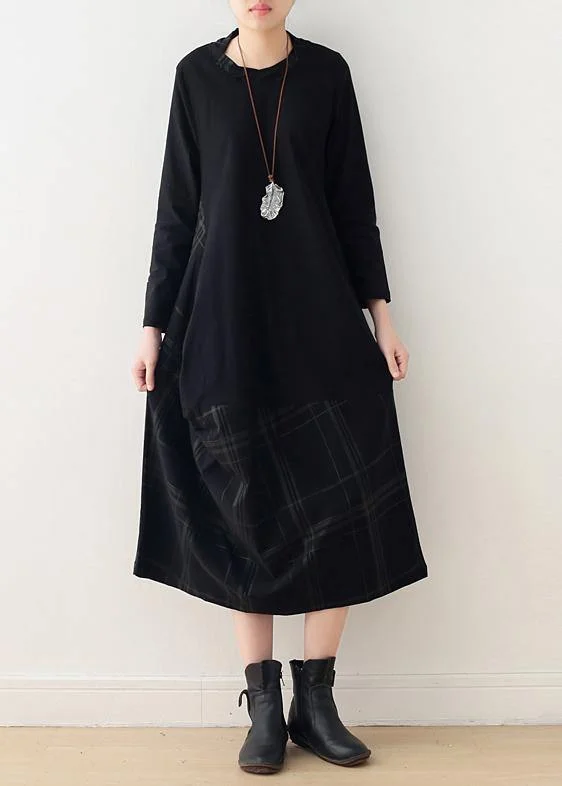 Beautiful black cotton quilting dresses o neck patchwork Maxi Dress