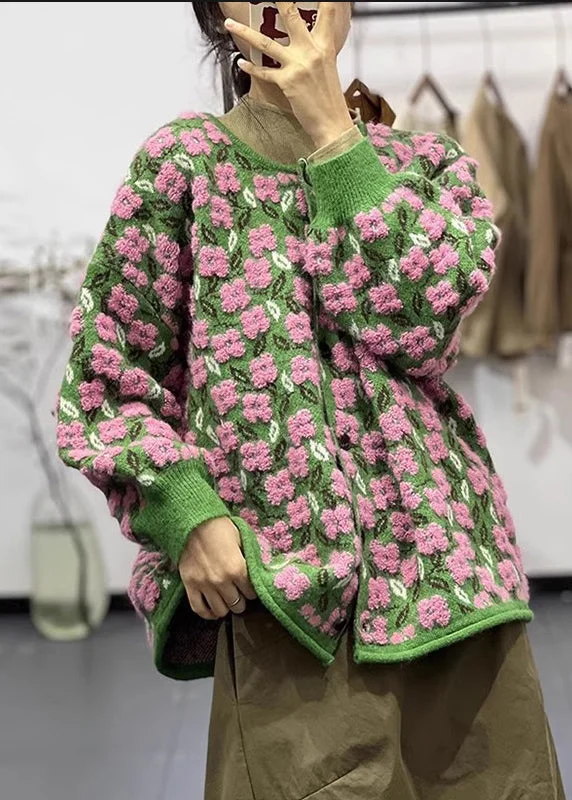 Pink Floral O Neck Button Patchwork Cotton Knit Coats Long Sleeve