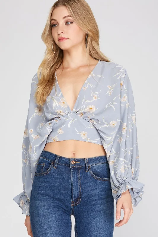 MISTY BLUE BATWING LONG SLEEVES TIE BACK DETAIL WOVEN CROP TOP S8SS9916