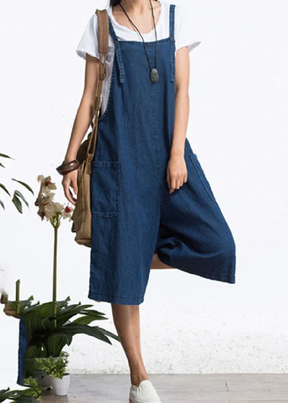 Organic Blue Pockets Solid Color Cotton Denim Jumpsuits Wide Leg Pants Summer