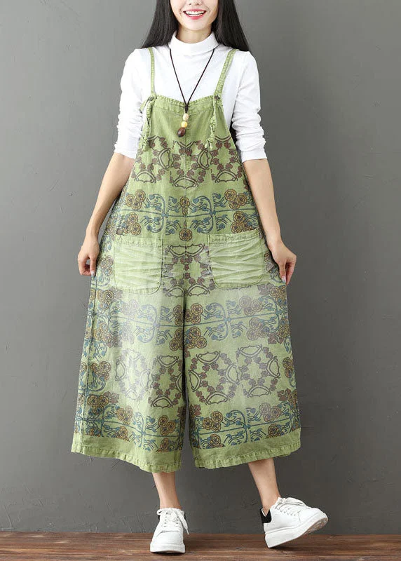 French Green pockets Print wide leg Jumpsuit Spring