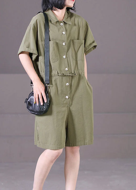 Boho Army Green Peter Pan Collar Drawstring Pockets Solid Color Cotton Overalls Jumpsuit Summer