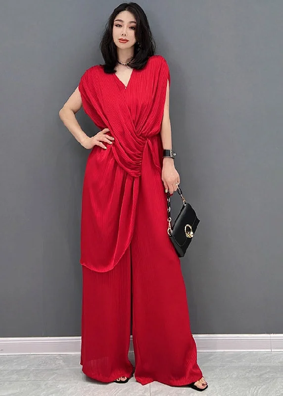 Slim Fit Red V Neck Striped Silk Jumpsuit Pants Summer