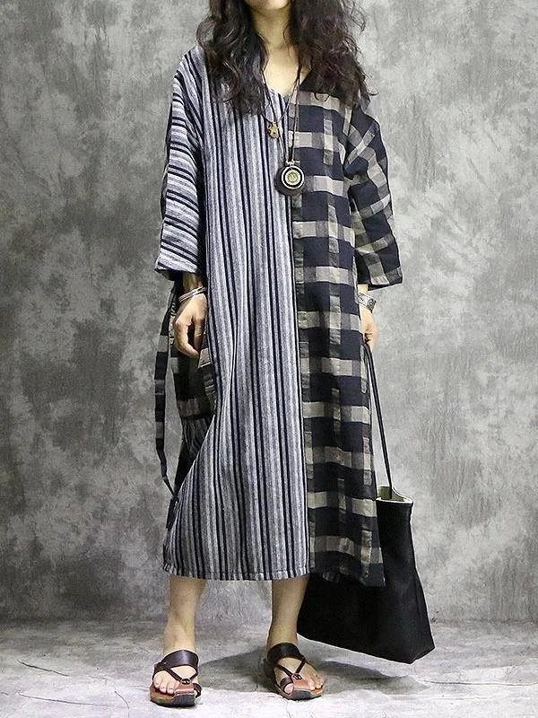 DIY Plaid patchwork striped cotton linen quilting dresses v neck pockets Maxi Dress