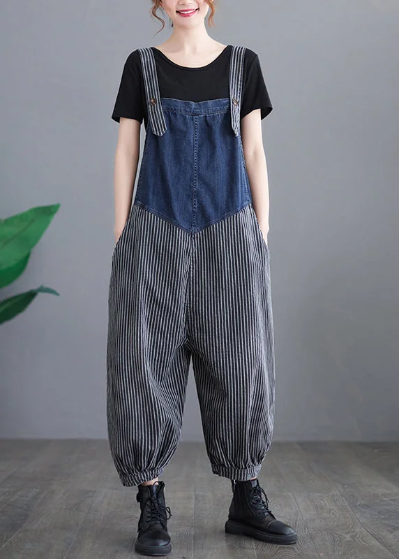 French Navy Striped pocket Patchwork Denim Overalls Jumpsuit Spring