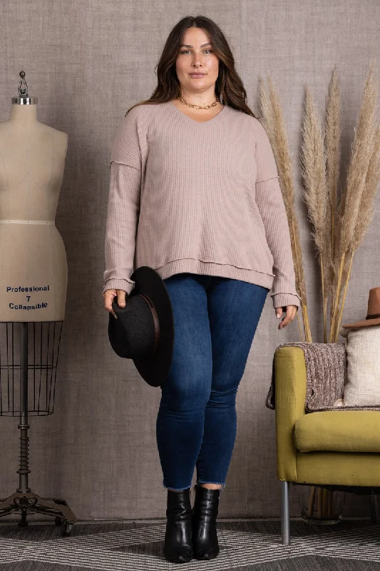 TAUPE RIBBED KNIT LONG SLEEVES PLUS SIZE TOP M5044P