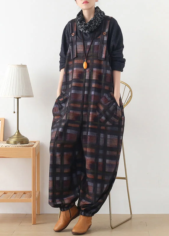 DIY Chocolate Colour Plaid Button Woolen Jumpsuit Pants Fall