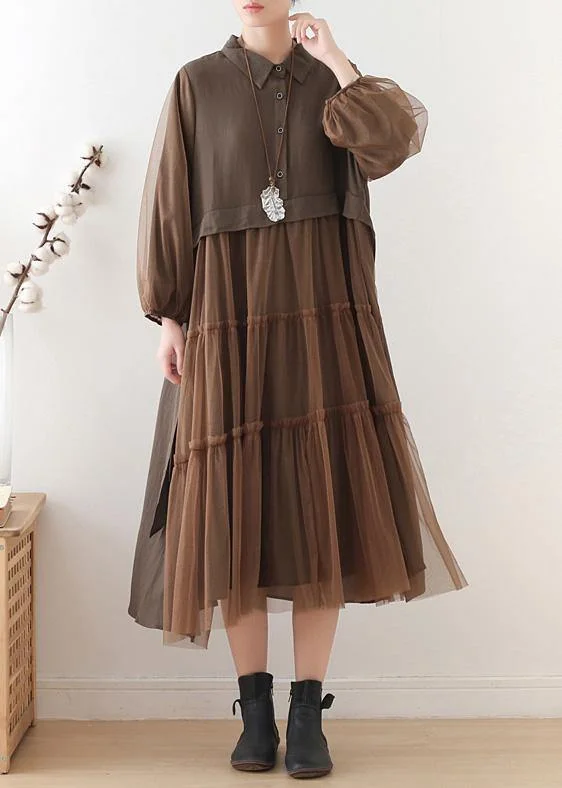 Unique chocolate linen dress lapel large hem Maxi fall Dresses