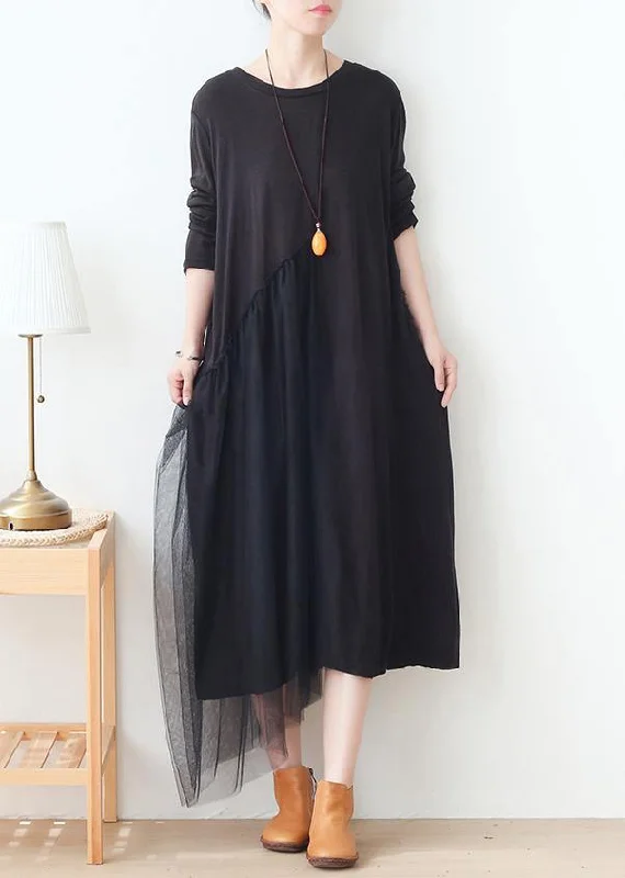 DIY black patchwork tulle dresses o neck Maxi Dress