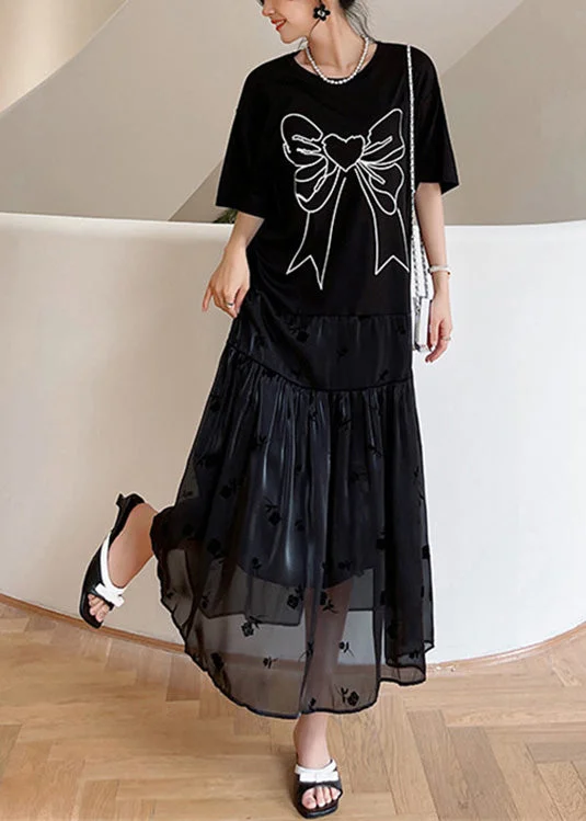 Casual Black O-Neck Bow Tulle Patchwork Cotton Maxi Dresses Summer