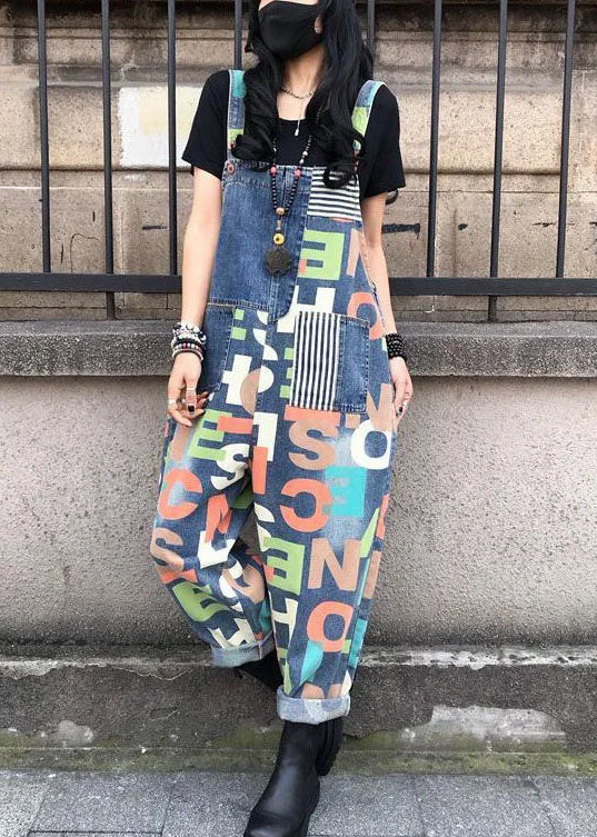 Modern Blue Letter Print Patchwork Denim Wide Leg Jumpsuits Summer