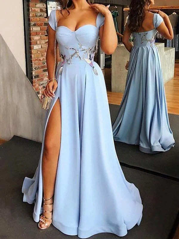 Blue A-line Sweetheart Beads Off-shoulder Side-slit Long Prom Dresses, PD0910