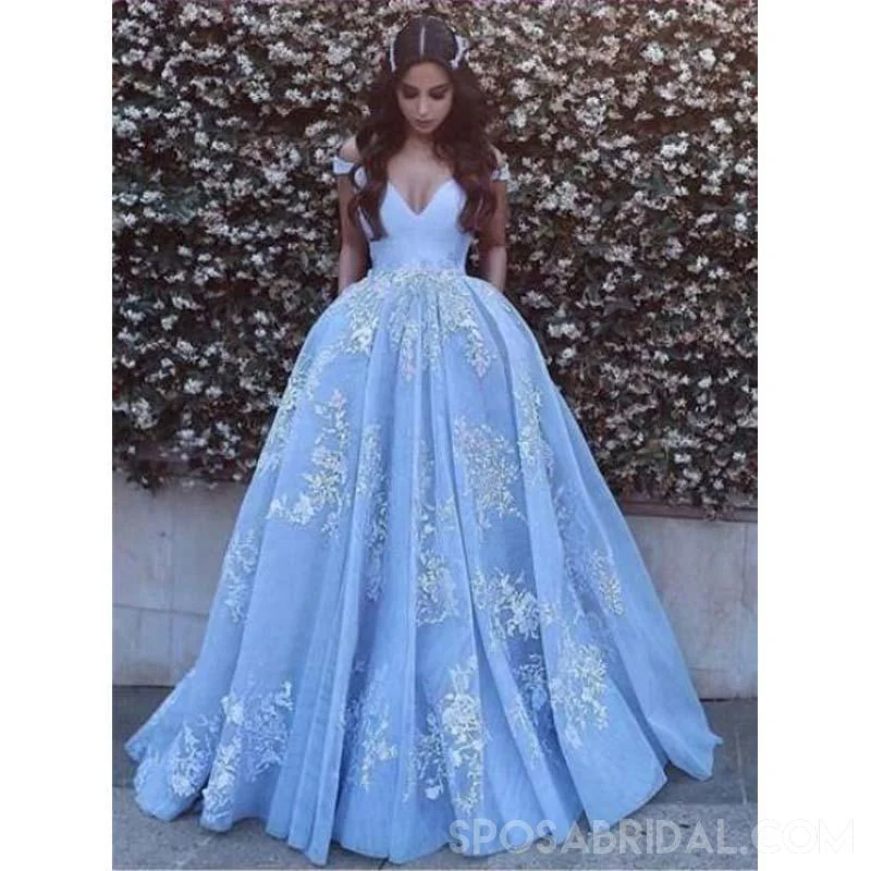 Blue Off  The Shhoulder V-Neck Long Prom Gown, Formal High  Quality Floor-length Prom Dresses,PD1147