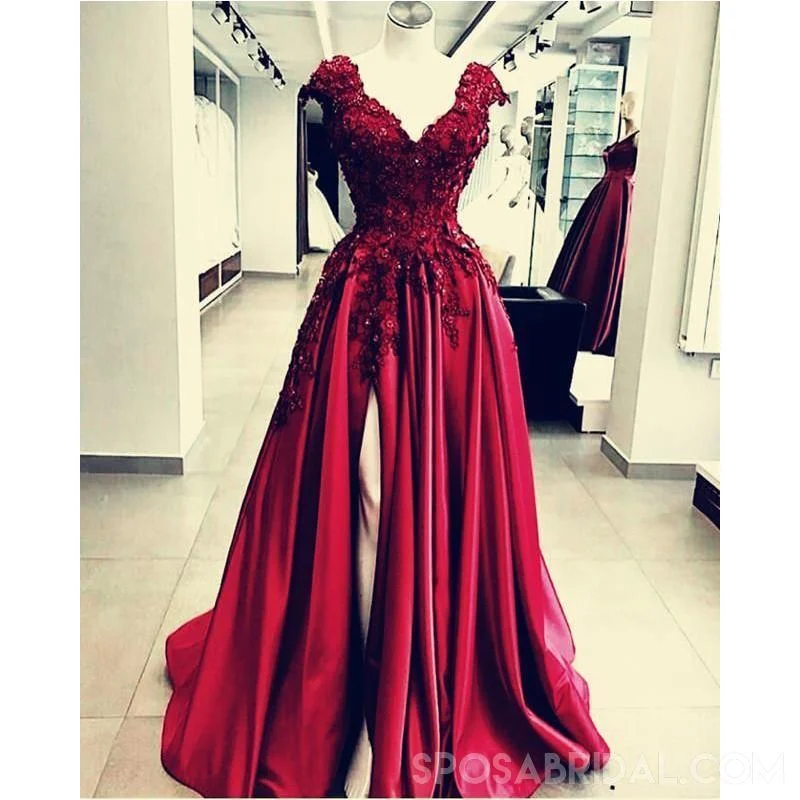 Chamring Split Side Floor Length V-Neck Burgundy Prom Dresses with Appliques Flower ,PD1101