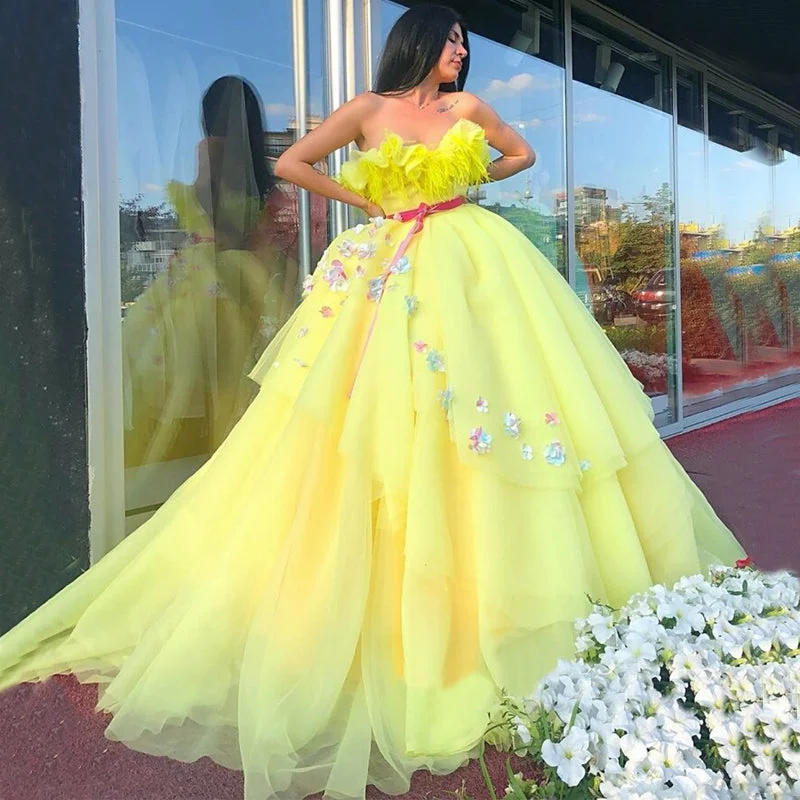 Sexy Yellow Sweetheart Strapless A-line Long Floral Prom Dress, Gown, PD3315