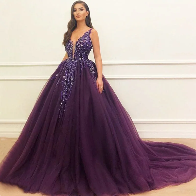 Charming Purple Tulle Sparkly Long Modest Prom Dresses, Ball Gown PD2124